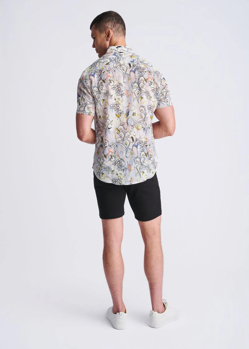 Orchid/Coral Floral Printed Lightweight Linen/Tencel Short Sleeve Shirt PM-45039
