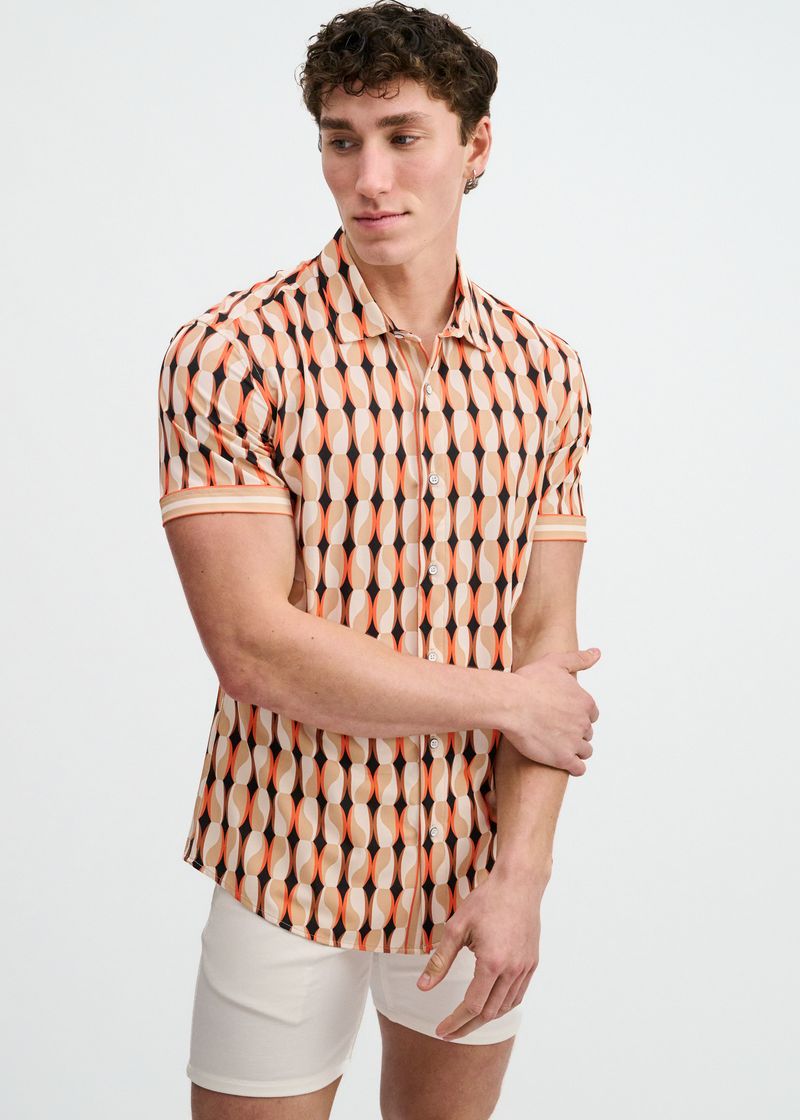 Spice/Sand Beads Printed Performance Stretch Short Sleeve Shirt W/Placket Detail St-26028