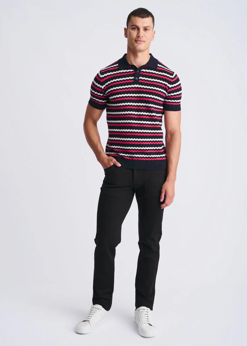 Bubble Gum/Navy/Off White Wave Textured Cotton 3-Button Knit Polo PM-16320