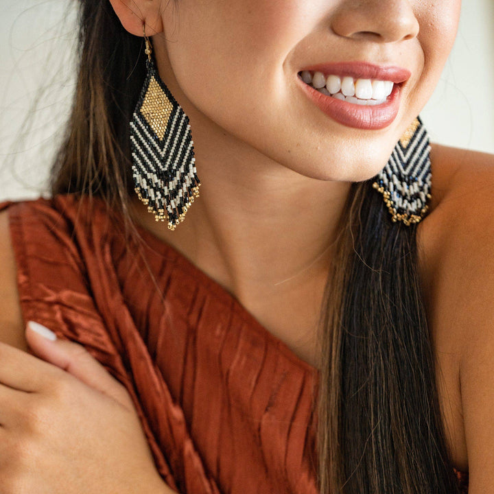 Dottie Diamond Angle Beaded Fringe Earrings Black