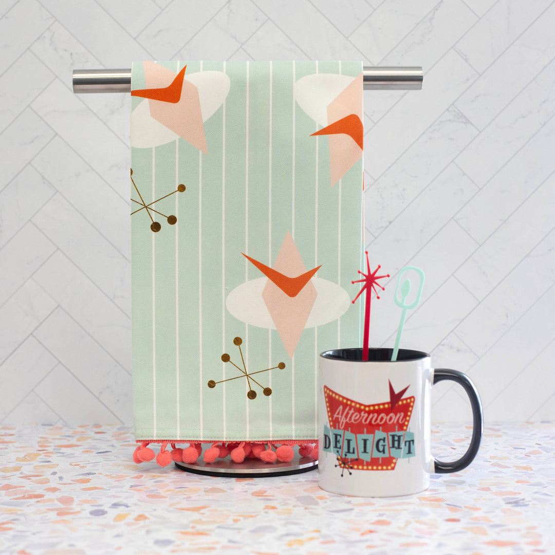 Retro Atomic Cosmic Aqua Tea Towel with Trim