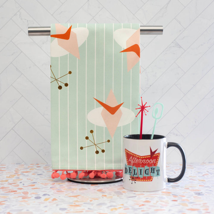 Retro Atomic Cosmic Aqua Tea Towel with Trim