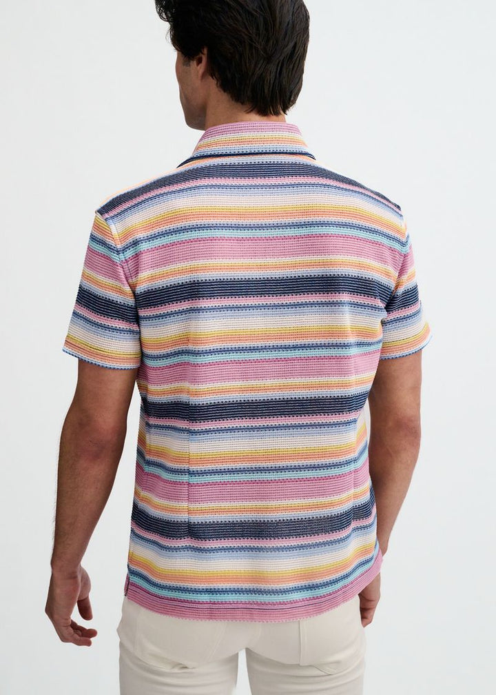 Navy/Pink Engineered Stripe Open Knit Short Sleeve Shirt St-24075