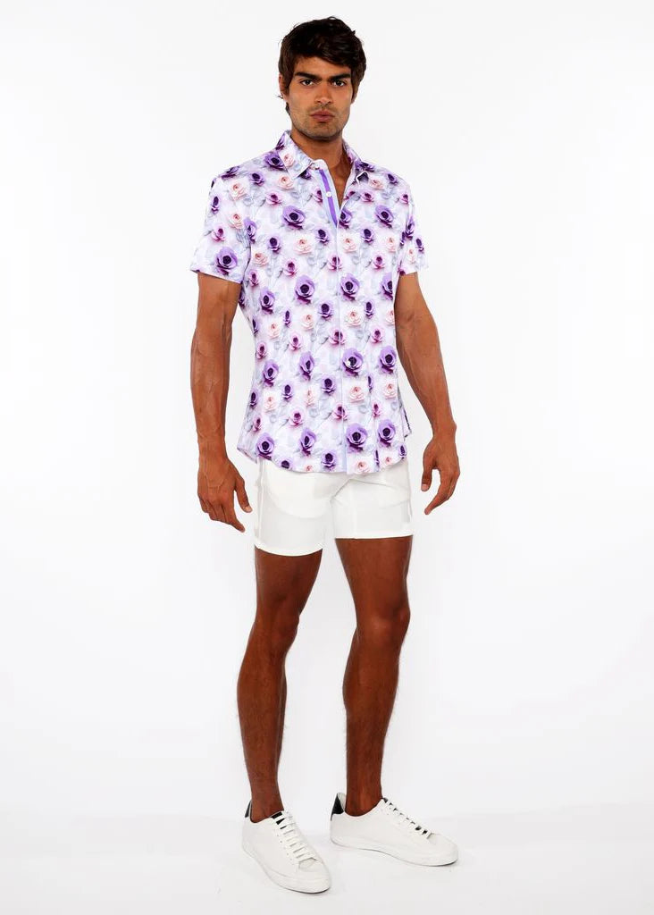 Purple/Jade Roses 3D Print Cotton Jersey Knit Short Sleeve Shirt W/Contrast Stripe Placket St-9325