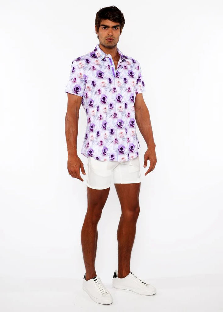 Purple/Jade Roses 3D Print Cotton Jersey Knit Short Sleeve Shirt W/Contrast Stripe Placket St-9325