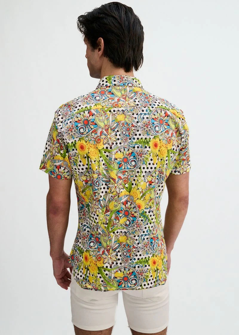 Yellow/Green Floral Dots Printed Jersey Short Sleeve Shirt