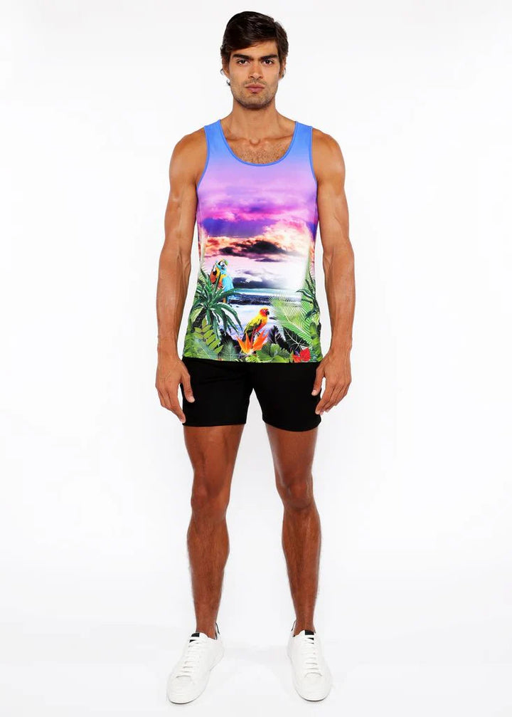 Purple/Fuchsia Tropics Printed Stretch Mesh Tank Top St-11134