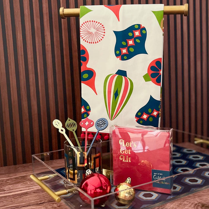 Retro Ornaments Tea Towel with Trim