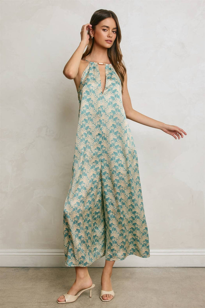 Conversational Metal Trim Keyhole Flared Jumpsuit