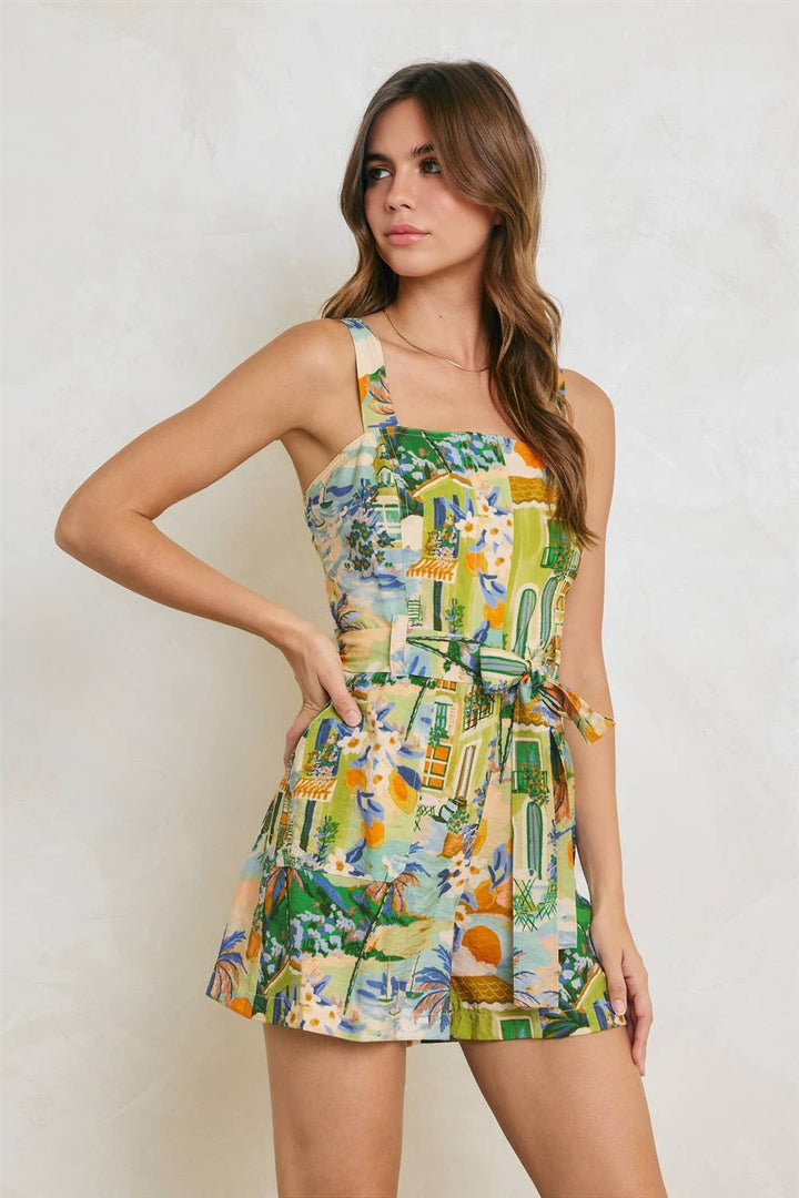 Conversational Straight Neck Button Up Romper Caribbean Blues