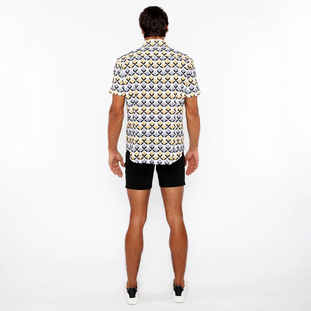 Gold/Silver Diamonds Printed Open Knit Stretch Short Sleeve Shirt St-48071