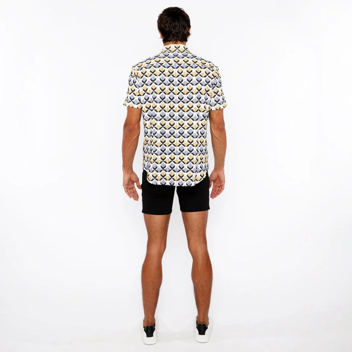 Gold/Silver Diamonds Printed Open Knit Stretch Short Sleeve Shirt St-48071