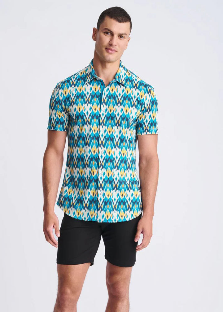 Teal/Gold Diamonds Printed Performance Short Sleeve Shirt W/ Contrast Placket PM-76113