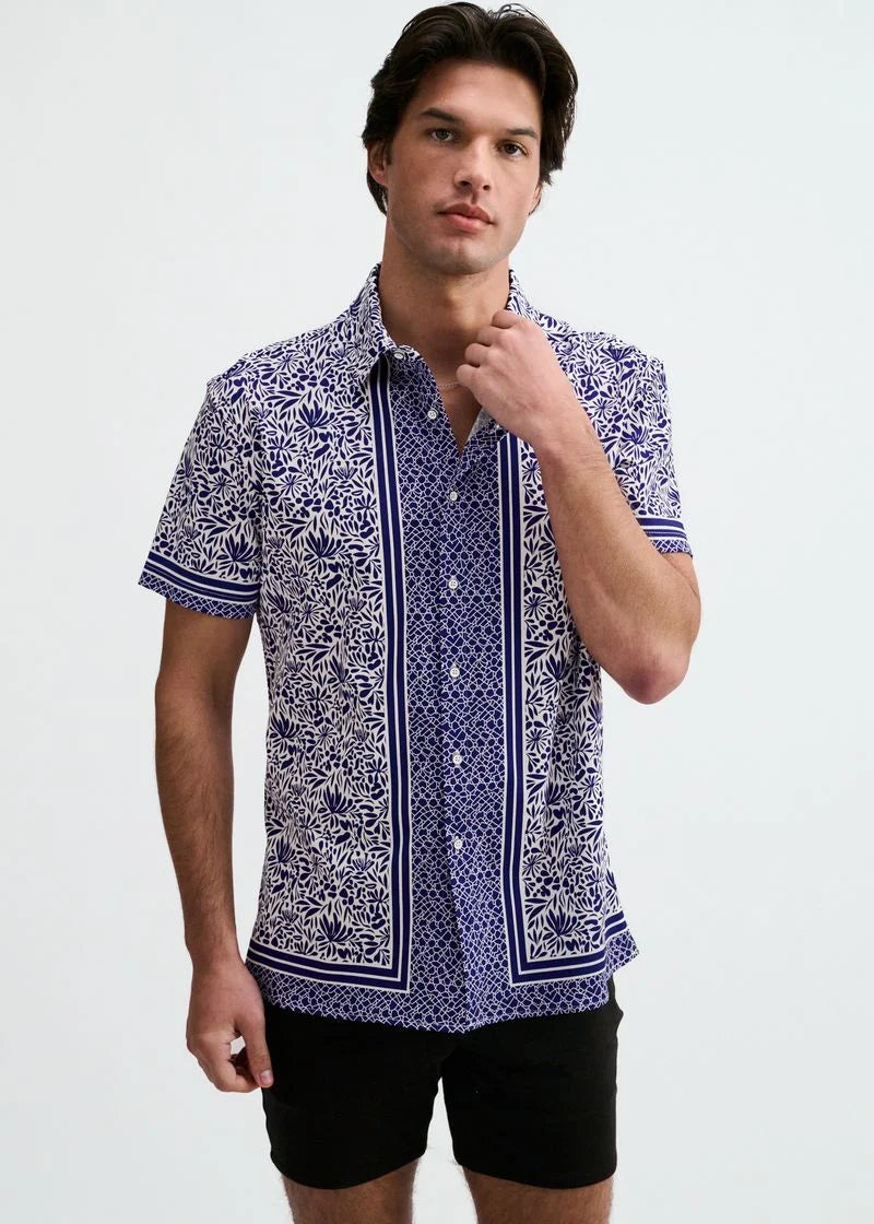 Navy/White Edge Print Cotton Knit Jersey Short Sleeve Shirt