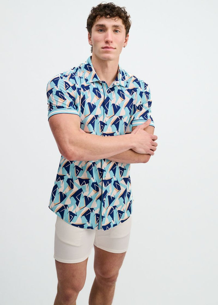 Mirage/Cobalt Abstract Printed Performance Stretch Short Sleeve Shirt W/Placket Detail St-26025