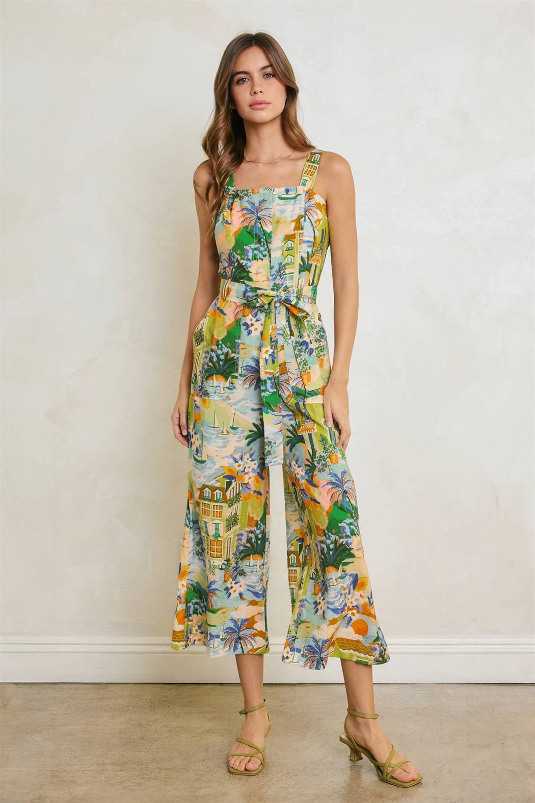 Conversational Straight Neck Cropped Jumpsuit - Caribbean Blues