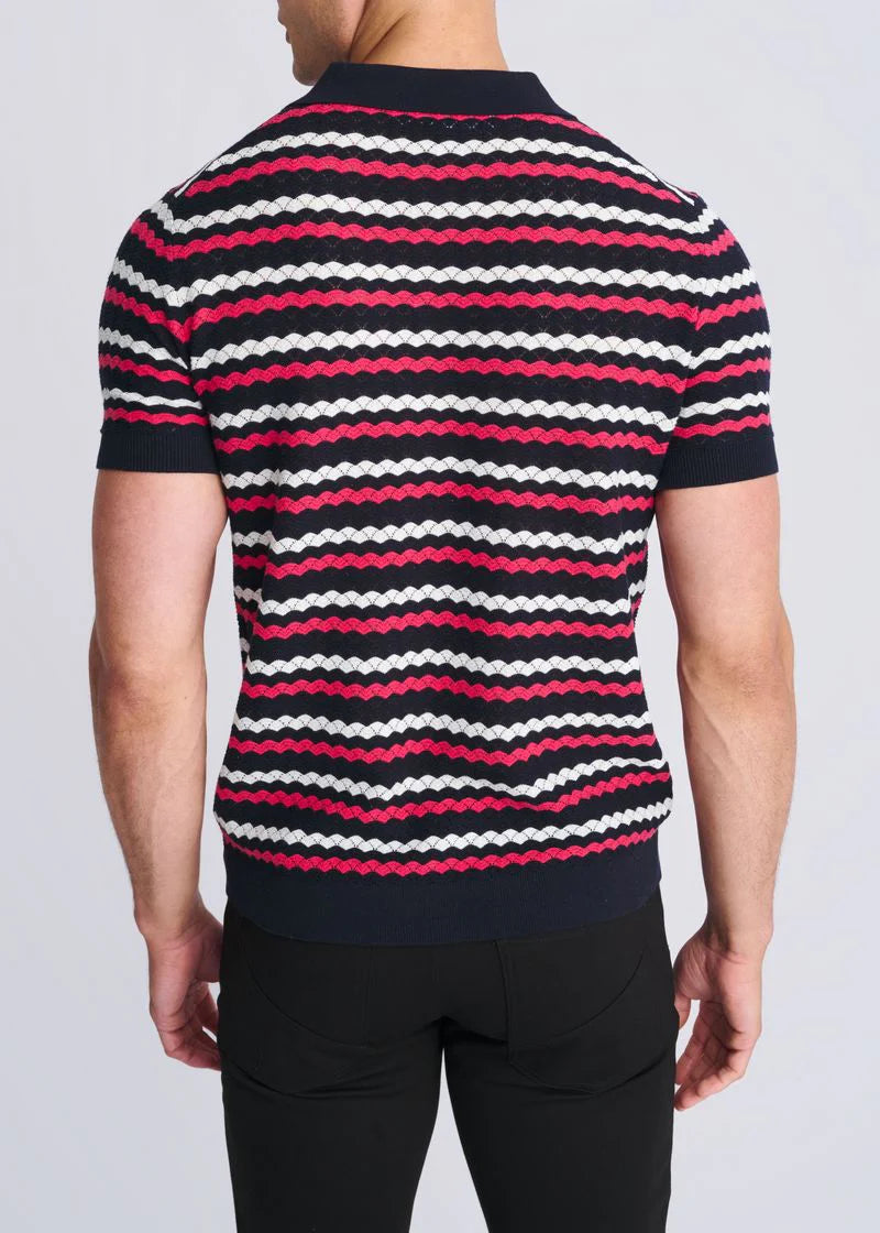 Bubble Gum/Navy/Off White Wave Textured Cotton 3-Button Knit Polo PM-16320