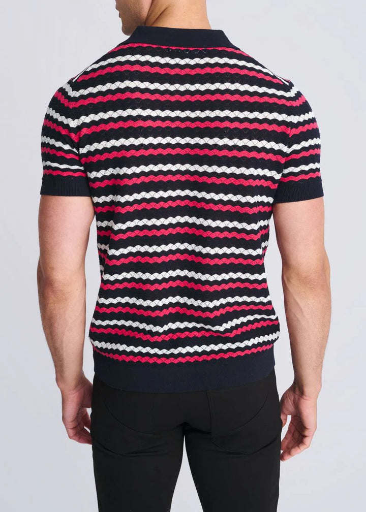 Bubble Gum/Navy/Off White Wave Textured Cotton 3-Button Knit Polo PM-16320