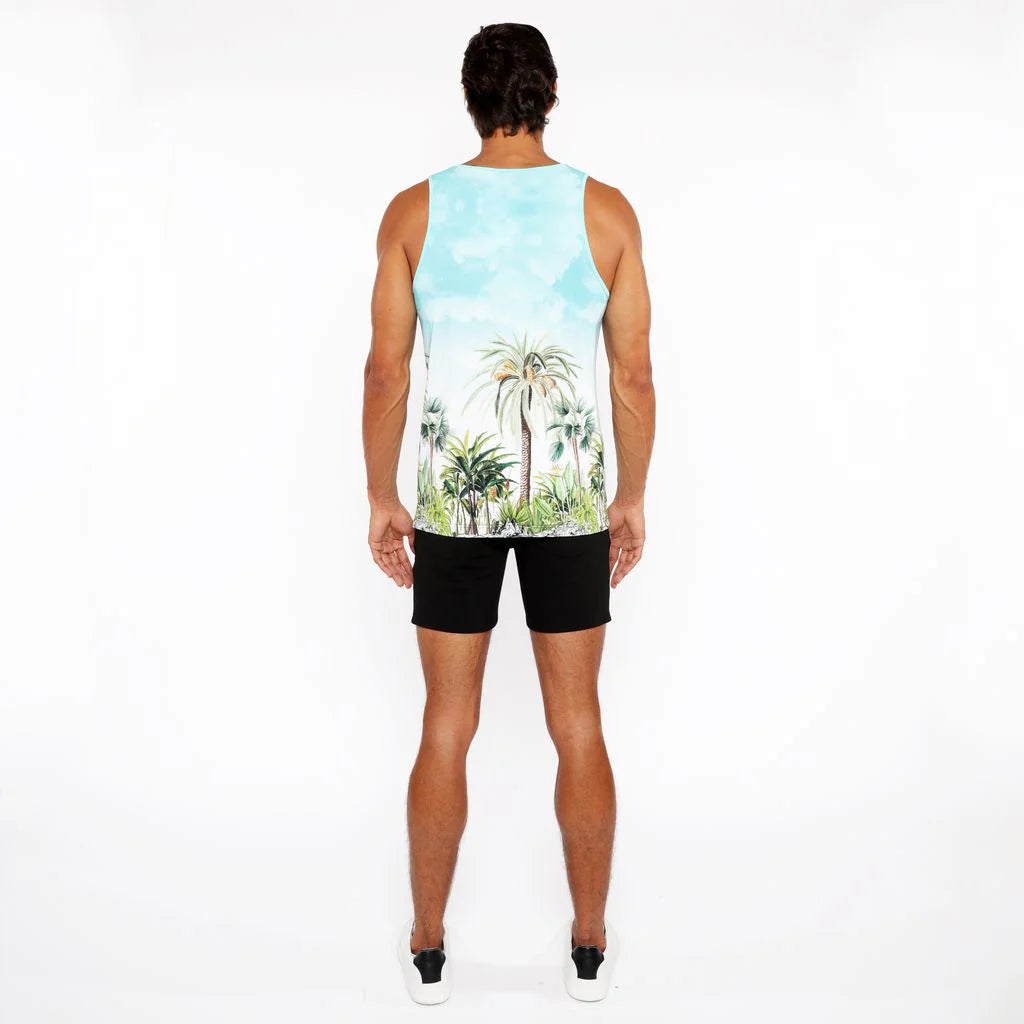 Teal/Green Palm Trees Printed Stretch Mesh Tank Top St-11136