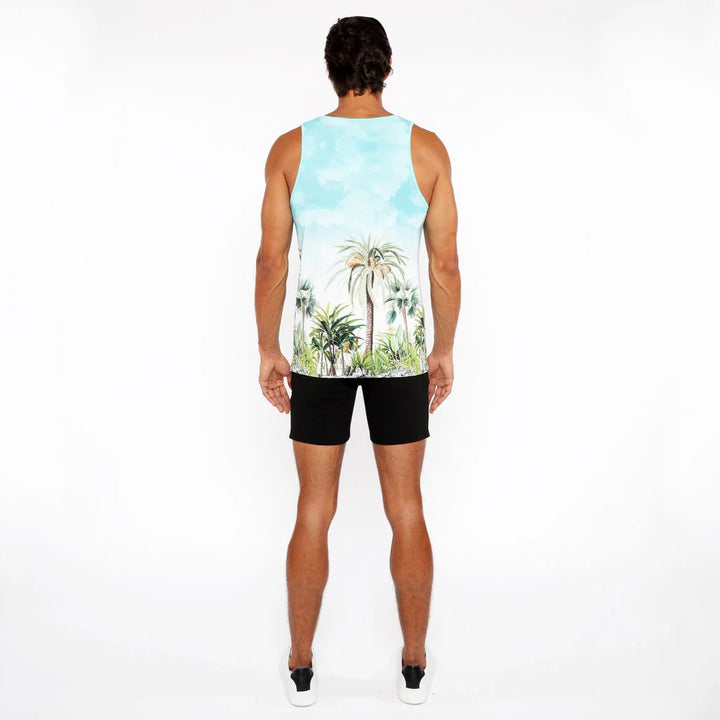 Teal/Green Palm Trees Printed Stretch Mesh Tank Top St-11136