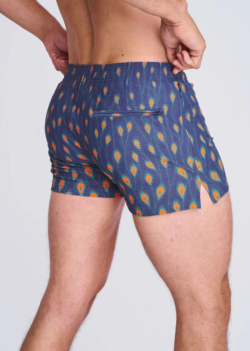Navy/Peacock Feathers Printed Seersucker Swim Shorts W/Mesh Lining PM-6018-54