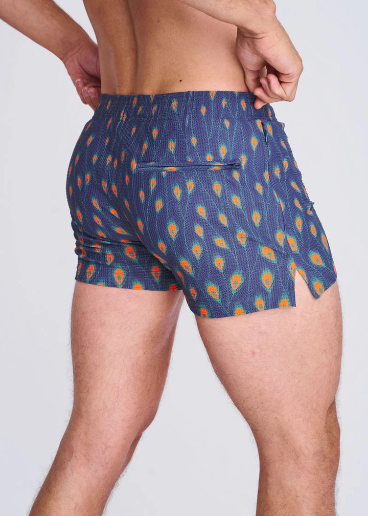 Navy/Peacock Feathers Printed Seersucker Swim Shorts W/Mesh Lining PM-6018-54