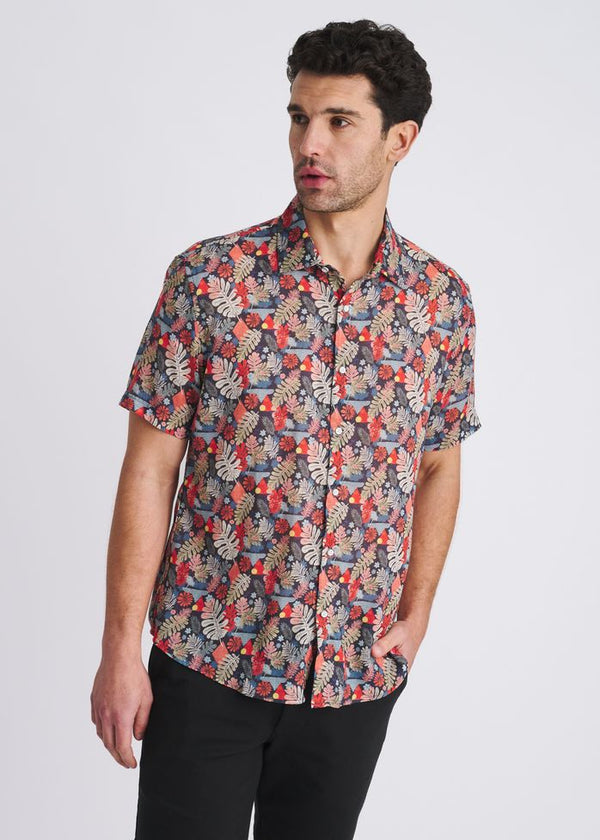 Lightweight Linen/Tencel Short Sleeve Shirt Navy/Sage Leaves