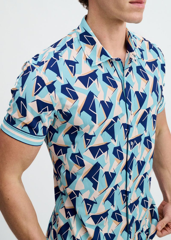 Mirage/Cobalt Abstract Printed Performance Stretch Short Sleeve Shirt W/Placket Detail St-26025