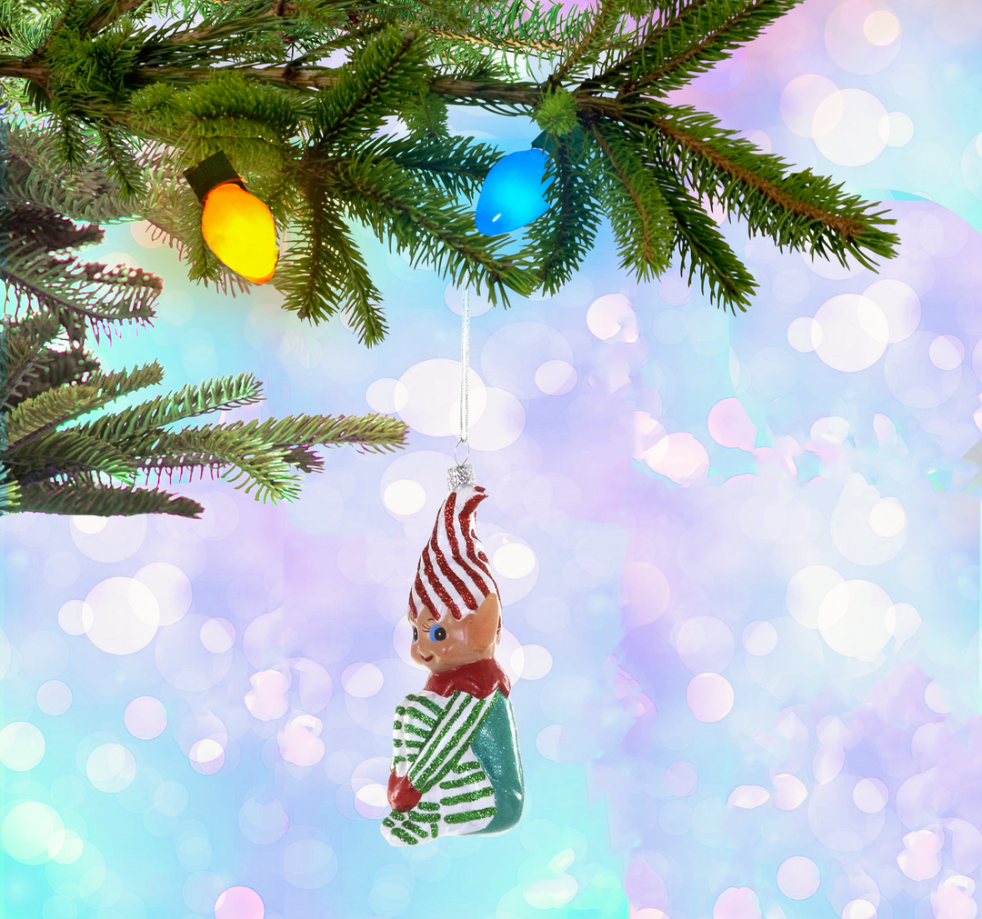 Knee Hugging Elf Ornament
