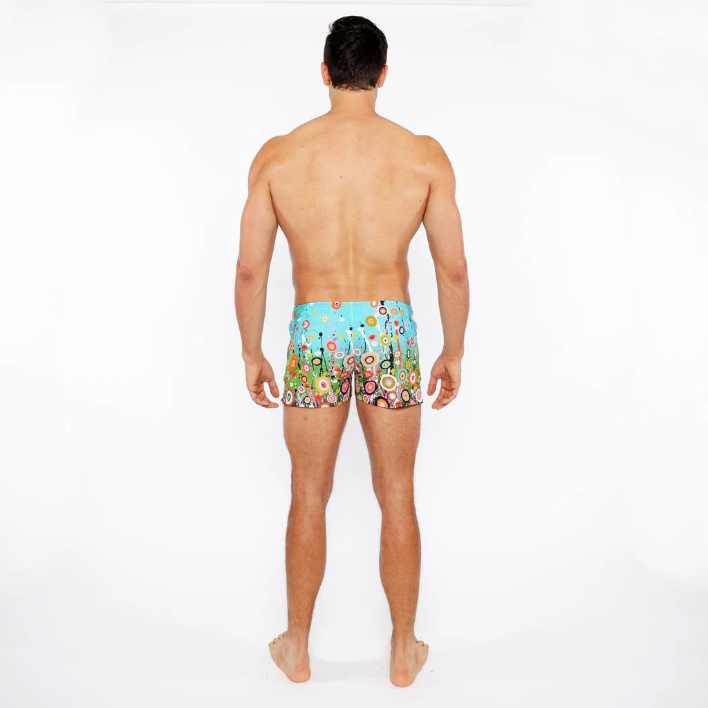 Sky/Multi Circle Burts Printed Swim Short W/Mesh Brief Lining St-8024-01