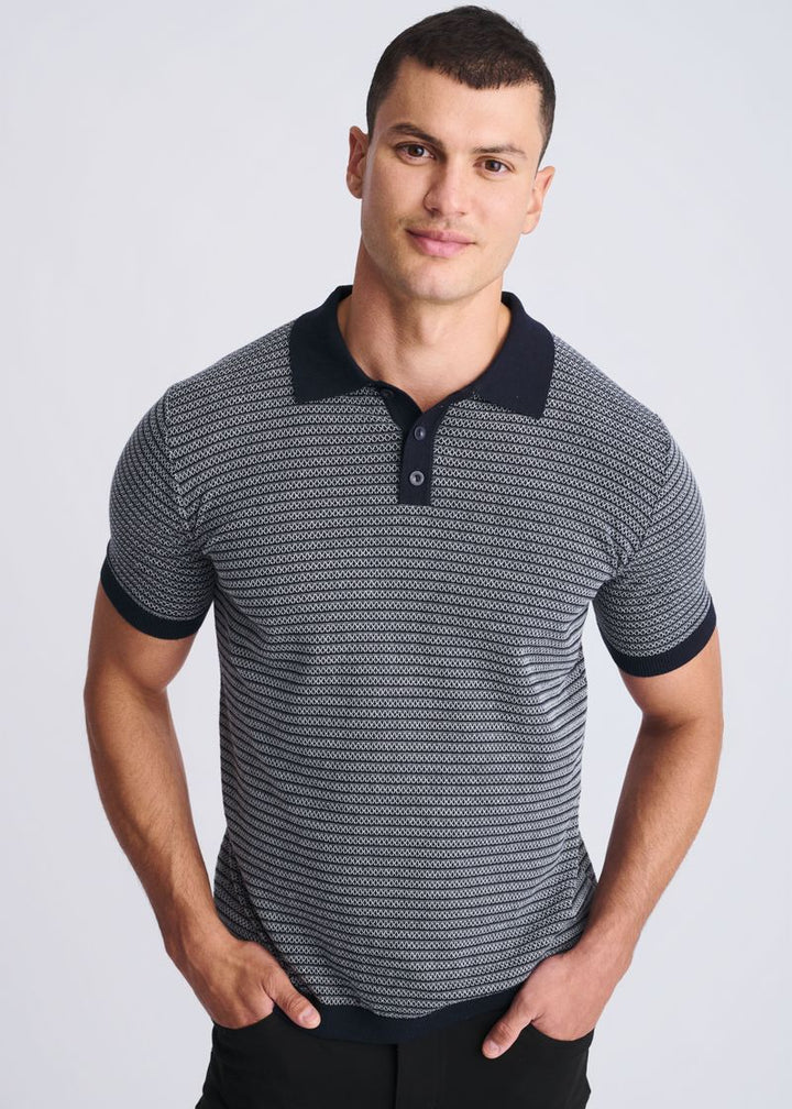 Off White/Navy Two Tone Textured Cotton 3-Button Knit Polo PM-16321