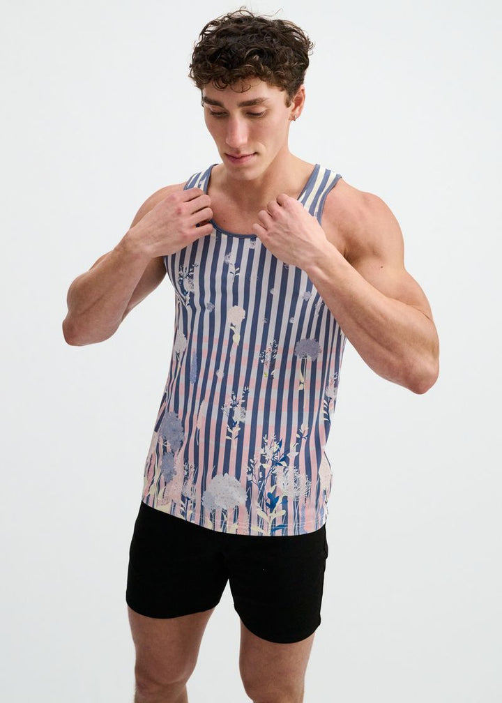 Slate/Blush Stripes Printed Stretch Mesh Tank St-11149