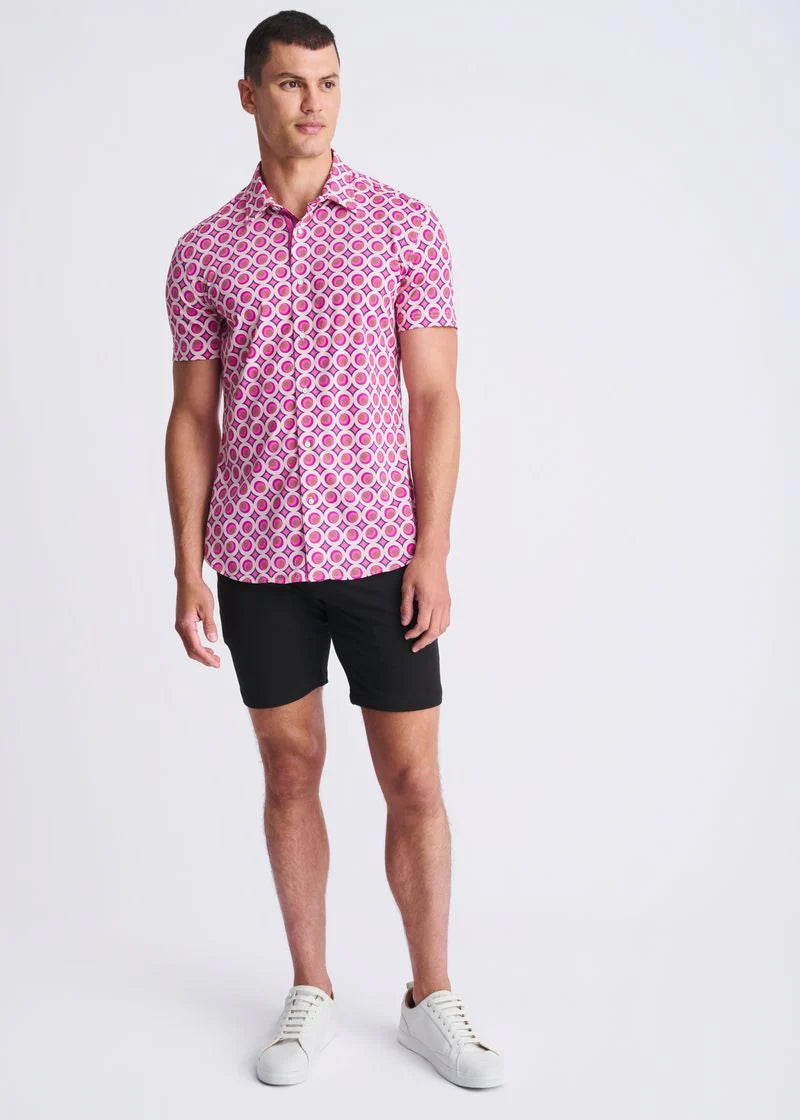 Pink/Blush Circles Printed Performance Short Sleeve Shirt W/ Contrast Placket PM-76109