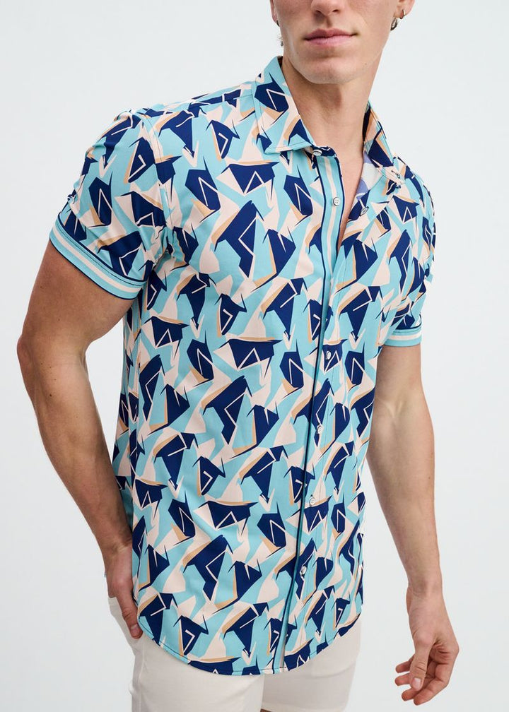 Mirage/Cobalt Abstract Printed Performance Stretch Short Sleeve Shirt W/Placket Detail St-26025