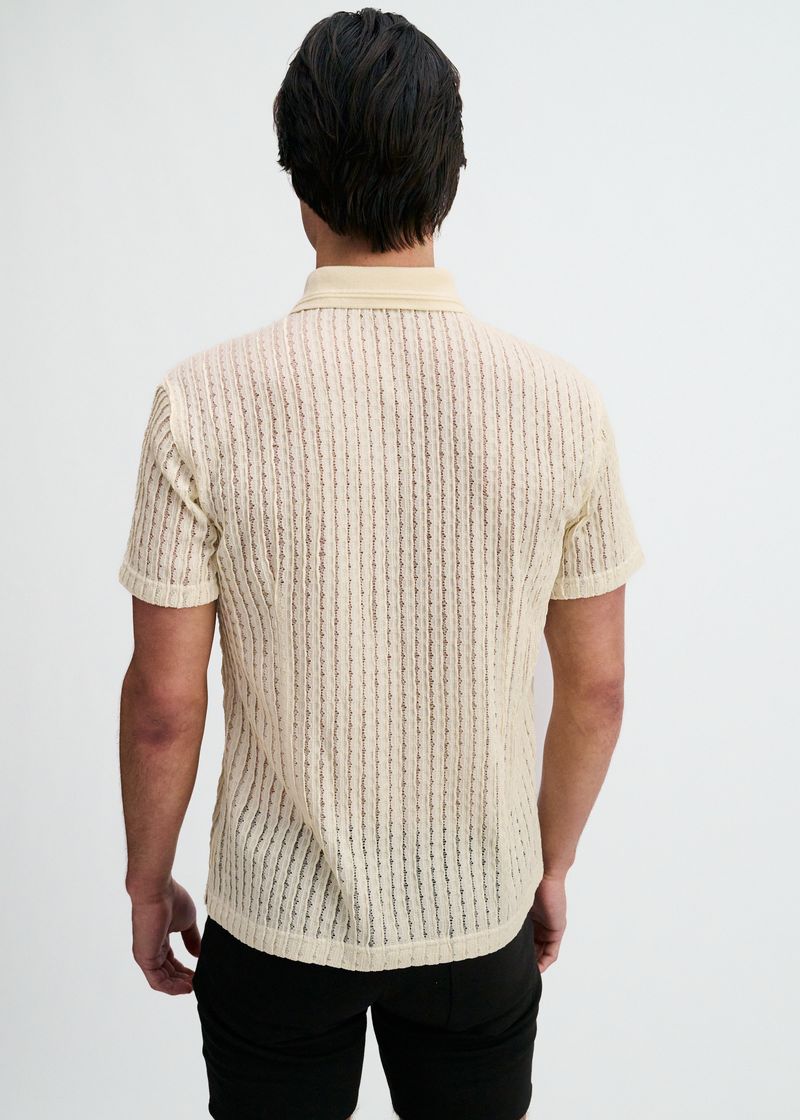 Off White Open Knit Short Sleeve Shirt W/Rib Collar St-24076