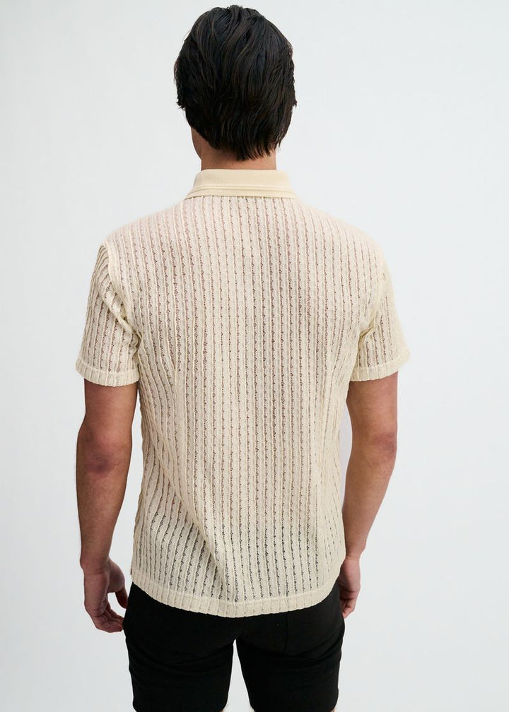 Off White Open Knit Short Sleeve Shirt W/Rib Collar St-24076