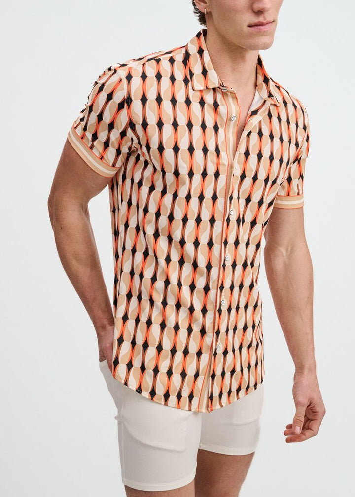 Spice/Sand Beads Printed Performance Stretch Short Sleeve Shirt W/Placket Detail St-26028