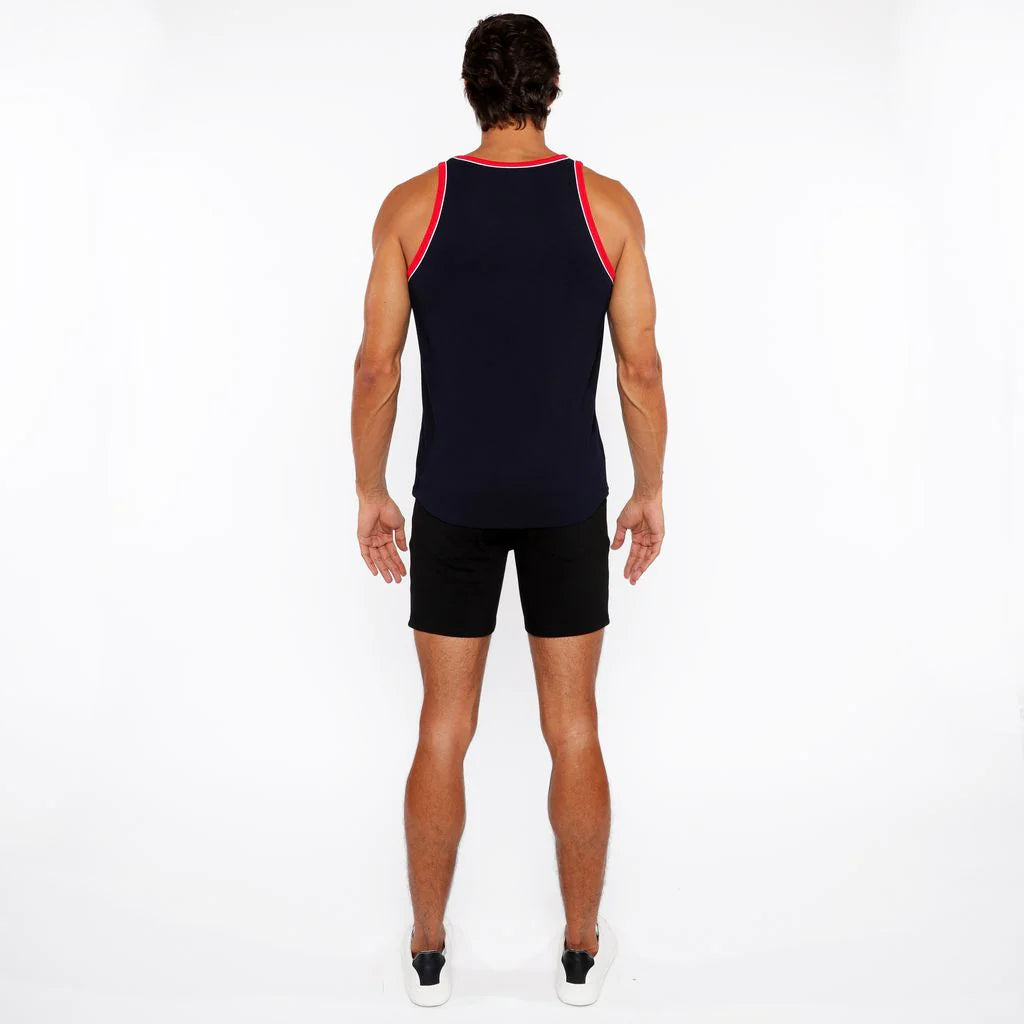 Navy/Carmine Rib Stretch Cotton/Rayon Ringer W/ Piping Detail Sta-16009-01
