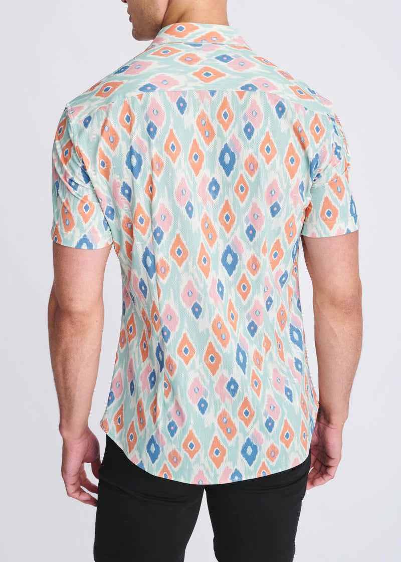 Mint/Coral Diamonds Printed Performance Short Sleeve Shirt W/ Contrast Placket PM-76112