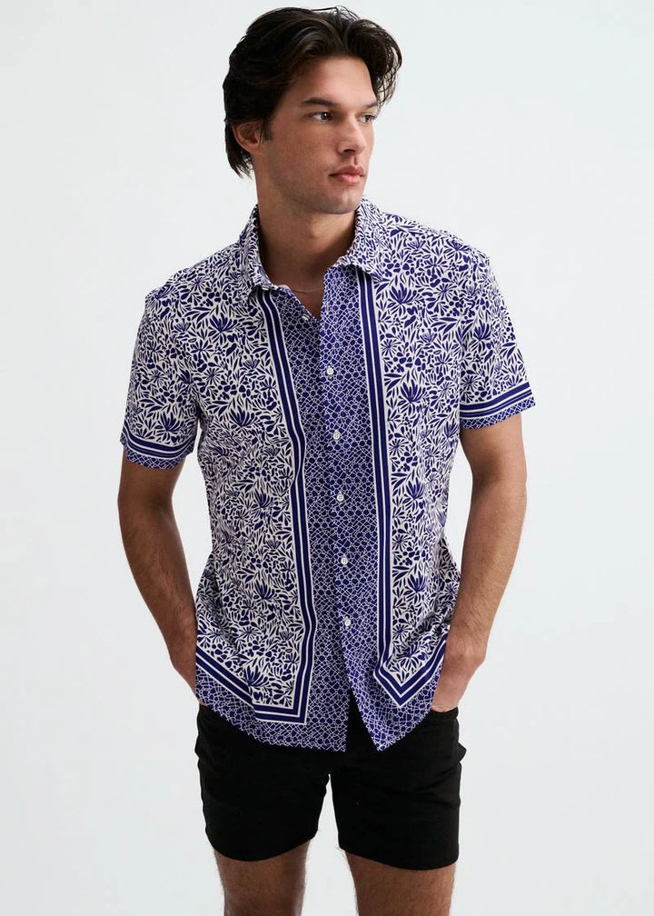 Navy/White Edge Print Cotton Knit Jersey Short Sleeve Shirt