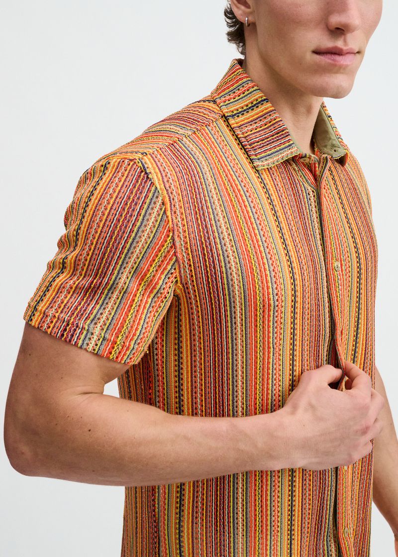 Bumblebee/Sage Vertical Stripe Open Knit Short Sleeve Shirt St-24074