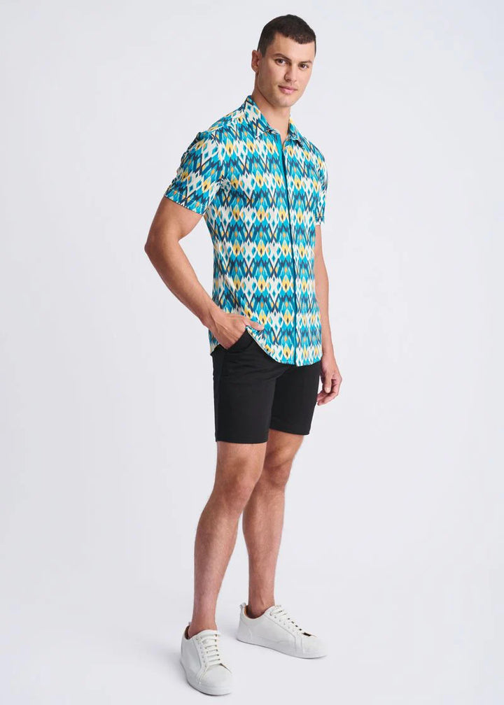 Teal/Gold Diamonds Printed Performance Short Sleeve Shirt W/ Contrast Placket PM-76113