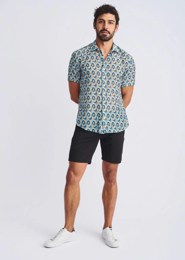 Teal/Orange Swirls Printed Lightweight Cotton/Silk Short Sleeve Shirt PM-46043