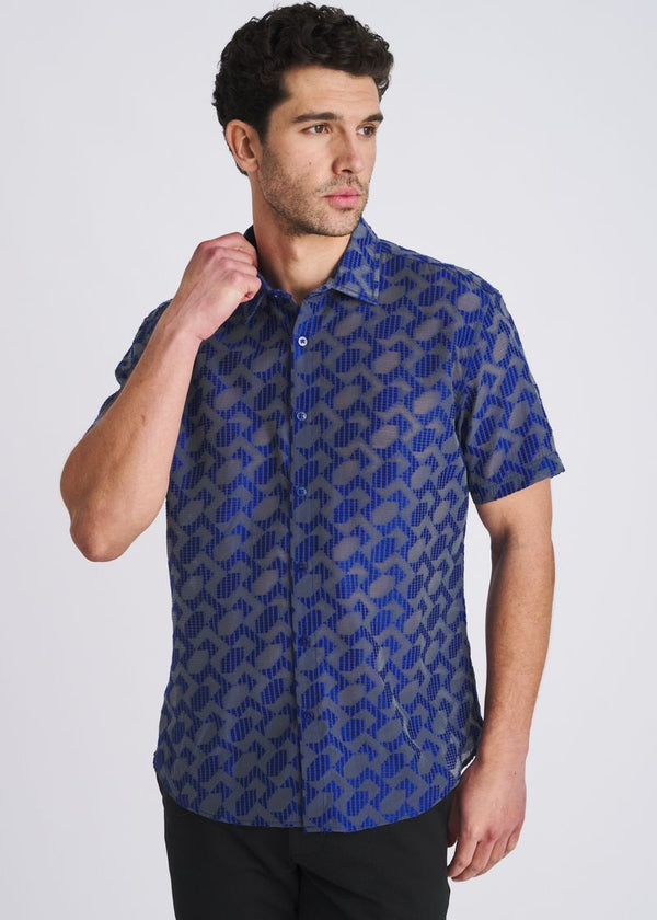 Lightweight Rhombus Jacquard Woven Short Sleeve Shirt Navy