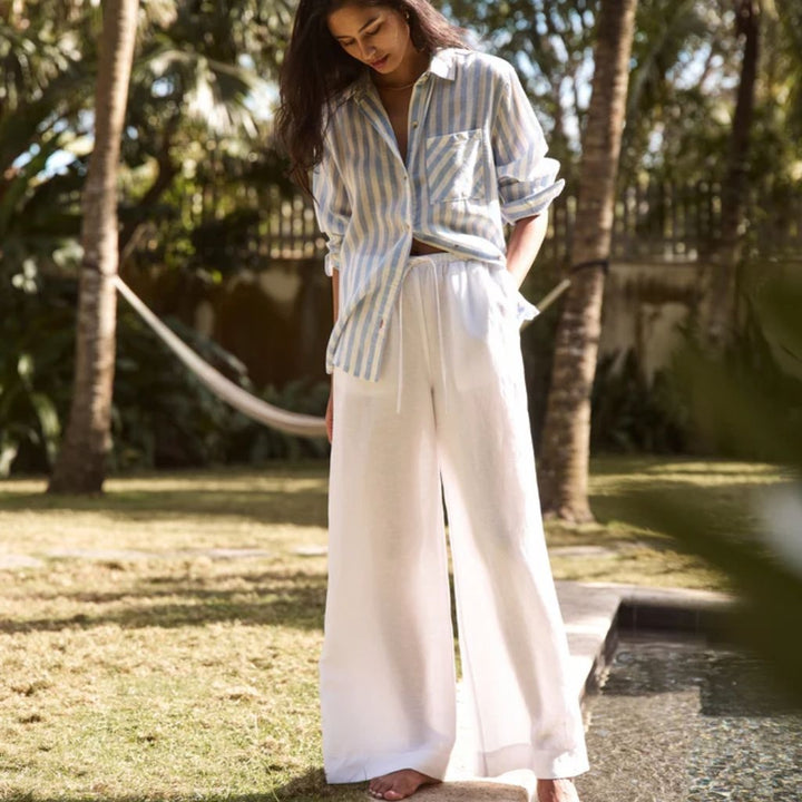 Linen Drawstring Wide Leg Pant Bright White