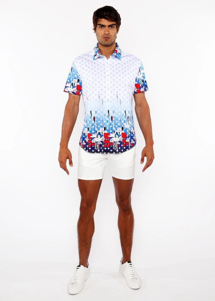 Cloud/Navy Dots Border Print Cotton Jersey Knit Short Sleeve Shirt St-9344