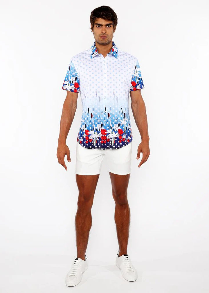 Cloud/Navy Dots Border Print Cotton Jersey Knit Short Sleeve Shirt St-9344