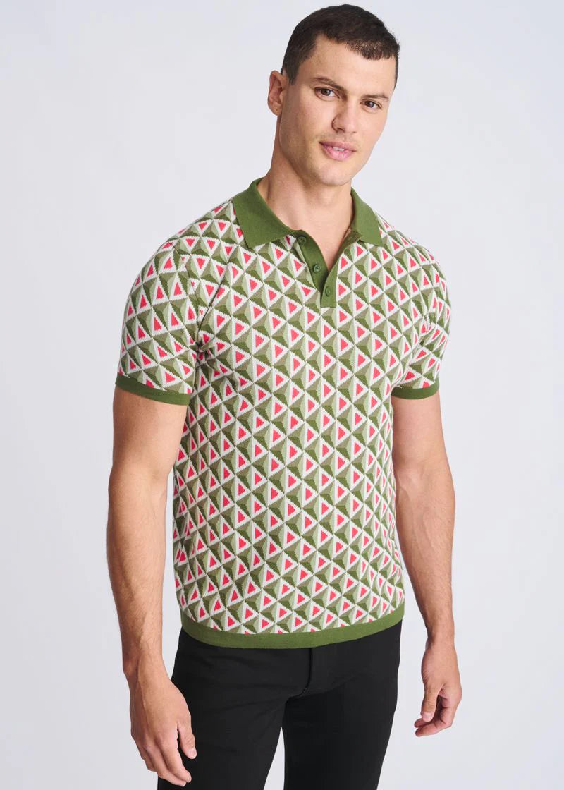 Olive/Weed Triangles Jacquard Cotton 3-Button Knit Polo PM-16327