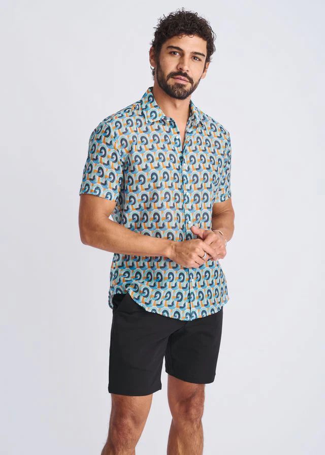 Teal/Orange Swirls Printed Lightweight Cotton/Silk Short Sleeve Shirt PM-46043