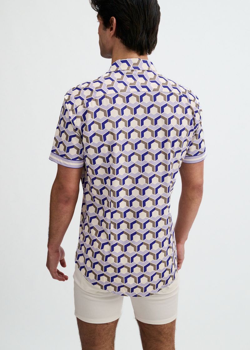 Blueberry/Thistle Hex Printed Performance Stretch Short Sleeve Shirt W/Placket Detail St-26029